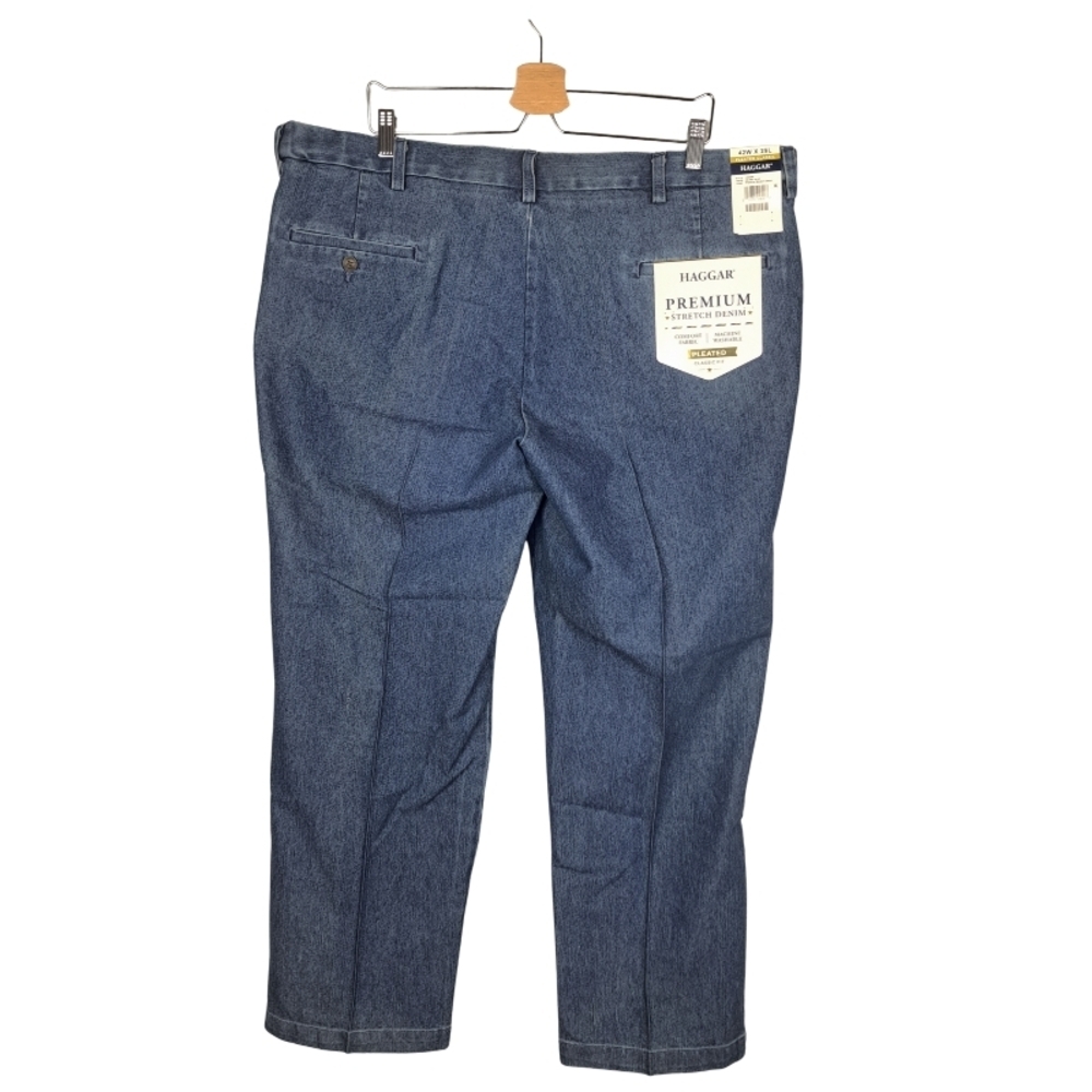NWT Haggar Men's Pleated Premium Stretch Comfort Fabric Denim 42X29 - Picture 2 of 8